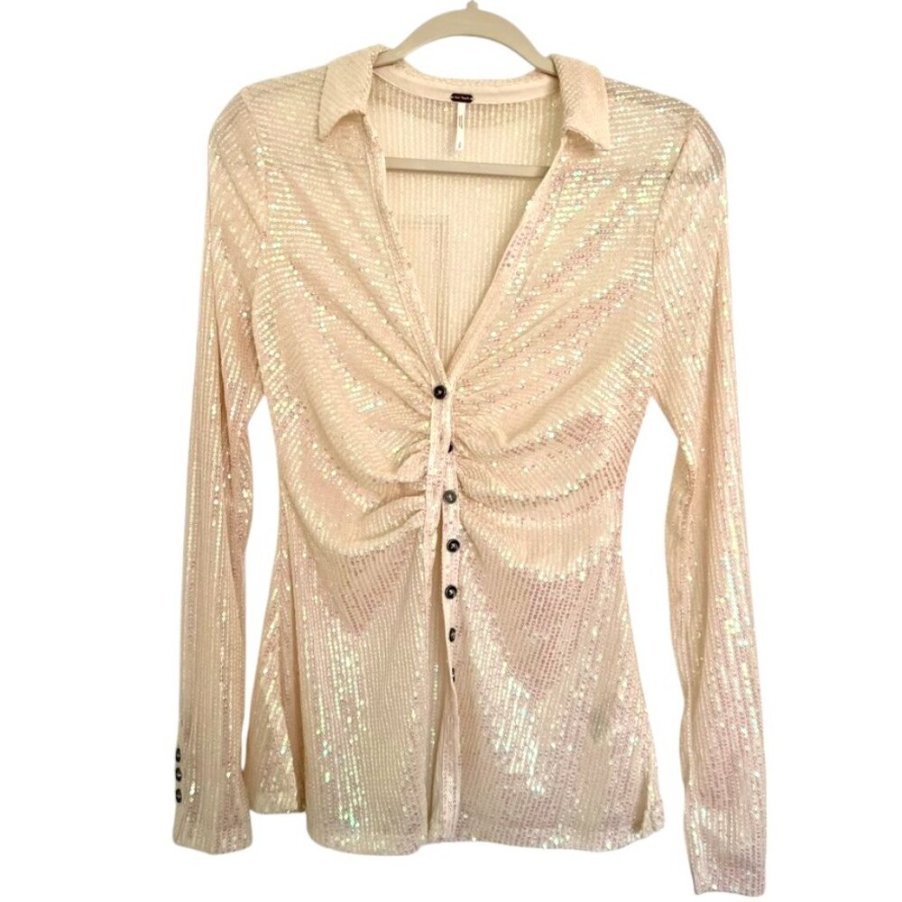 REVOLVE Free People Sequin Sheer Shirtee Button Down Top Champagne Blush Small